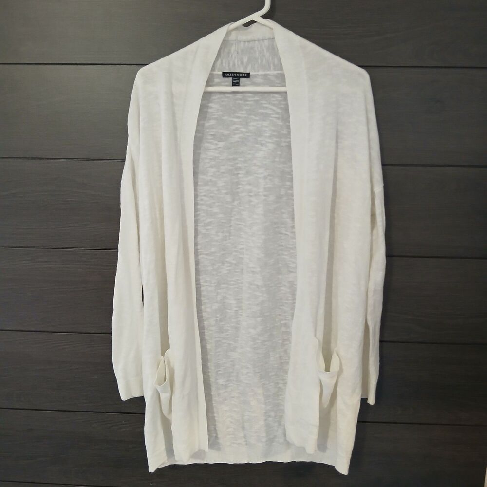 Eileen Fisher White Open Front Organic Linen Cotton Blend Cardigan Sweater  XS